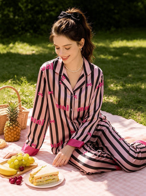 Pink stripes pajama set for women, alternate product photo