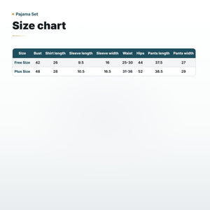 Size chart photo of the striped pajama set with shirt and pants measurements