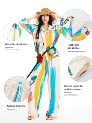 Painted floral pajama set with wide leg trousers and an elastic drawstring waist