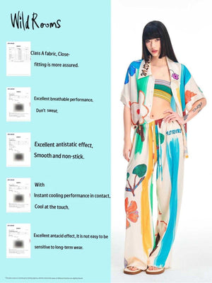 Multicolor floral loungewear set for women shown as a two-piece shirt and pants