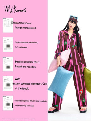 Floral stripe loungewear set, further view of the shirt and wide leg pants