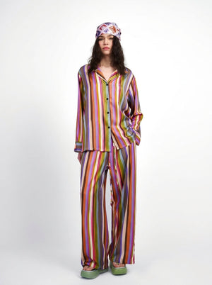 Two-piece striped pajama set with long sleeves and wide straight legs, additional view
