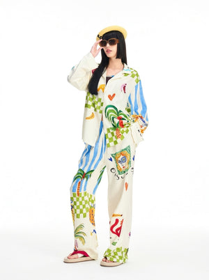 Wide leg graffiti print pajama pants with drawstring waist