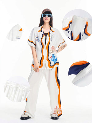 White womens loungewear set with wavy stripe print, shirt and matching pants