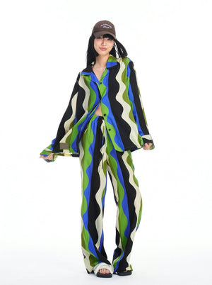 Black waves women's lounge set with notch lapel collar and wide legs