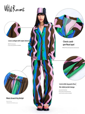 Brown waves wave print loungewear, shirt and pants set for women