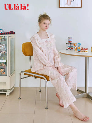 Ullala Korean Imported Square Neck Printed Pure Cotton Pajamas for Women, Long Sleeve, Princess Loungewear Set for Spring and Summer