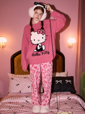Full body view of the pink chenille loungewear set with Hello Kitty print