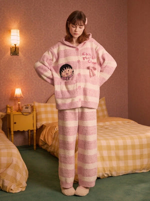 Fleece hooded loungewear set in pink, full front view