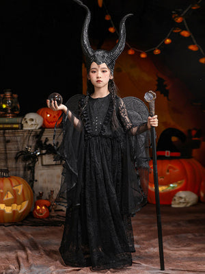 Halloween kids costumes featuring a black lace witch dress with dramatic horned headpiece and sheer sleeves, holding a staff and orb.