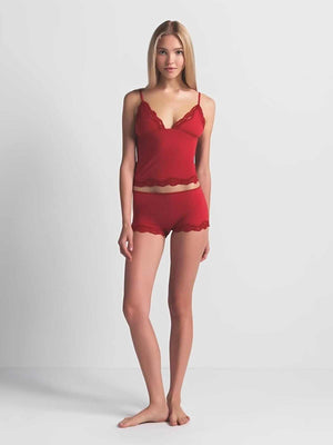 طقم loungewear قطعتين مريح بتفاصيل دانتيل ناعم باللون الأحمر والوردي والأسود