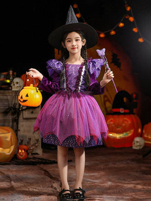 Girls witch costume in purple velvet and tulle, full view