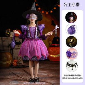 Purple velvet and tulle witch dress for kids, product shot