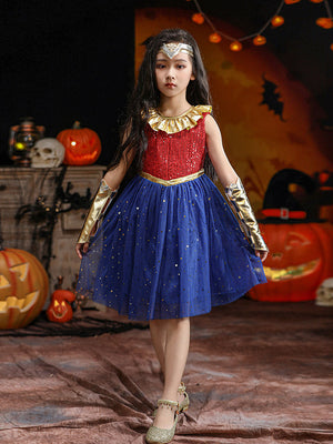 Halloween children's performance costumes featuring a red and blue Wonder Woman dress with gold accents and arm cuffs for girls.