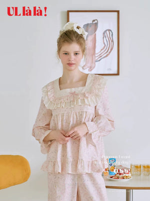 Ullala Korean Imported Square Neck Printed Pure Cotton Pajamas for Women, Long Sleeve, Princess Loungewear Set for Spring and Summer