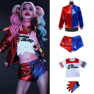 Adult Halloween costume, metallic jacket and shorts in Harley Quinn style