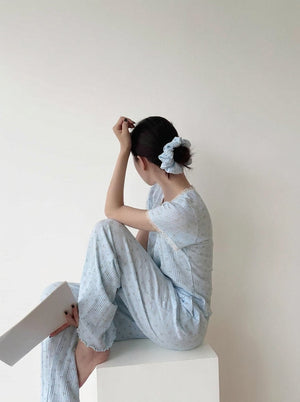 Closer look at the floral ribbed pajama set shirt and pants