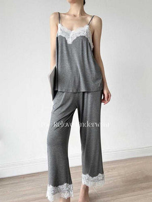 Black camisole and cropped pants pajama set with white lace trim