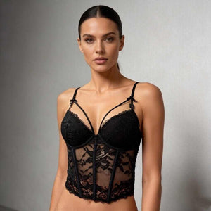 مشد Lingerie دانتيل أسود كورسيه أنيق يبرز منحنيات الجسم ويوفر دعم مريح