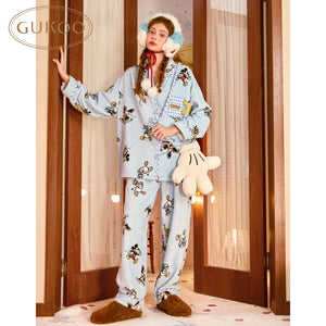 Light blue fleece pajama set with dog print, full length view