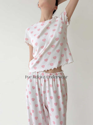 طقم Loungewear قطني مريح بنقشة قلوب وردية للاسترخاء والراحة المنزلية