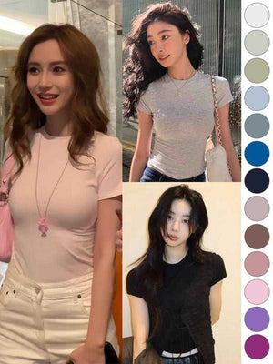 تيشيرت Basics قصير الأكمام ضيق بألوان متعددة ونسيج مطاطي ناعم