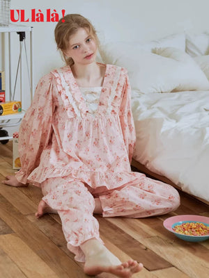 Ullala imported sweet bear print pajamas for women, long-sleeve long pants, pink loungewear, pure cotton set