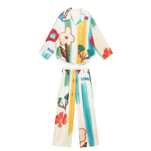 Floral print pajama set with a notched collar button-up shirt and drawstring trousers