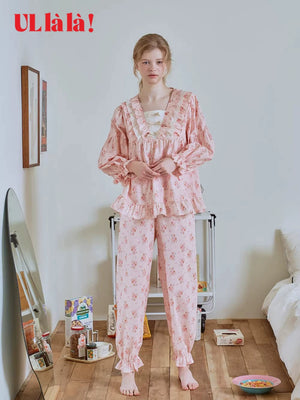 Ullala imported sweet bear print pajamas for women, long-sleeve long pants, pink loungewear, pure cotton set