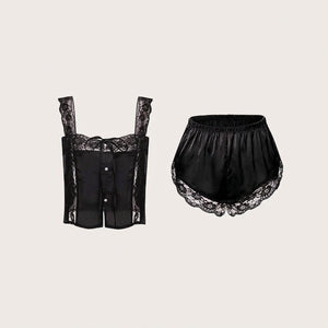 Women's satin loungewear set with lace edges, styled view