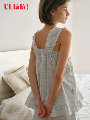 Ullala Korean sweet girly lace square neck wide camisole pajama set, women's summer shorts, homewear thin