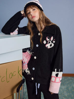 Coral fleece loungewear set in black, upper body angled view
