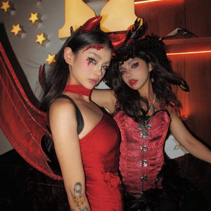Women's red Halloween costume with bow in evil cupid style