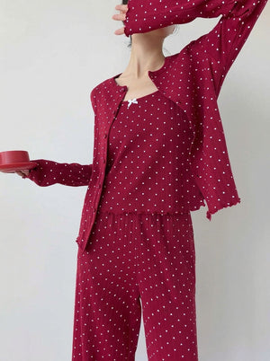 Heart print womens pajama set with button-front cardigan, camisole and wide-leg pants