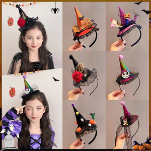 Halloween headdress collection featuring colorful mini witch hats with skull, spider, pumpkin, and rose decorations on black headbands.