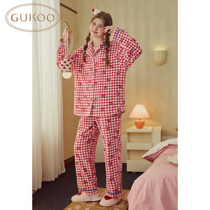 Red and white checked fleece pajama set, full length front view