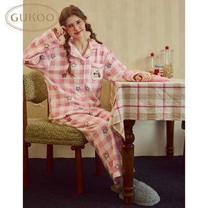 Pink checked fleece pajama set with embroidered details