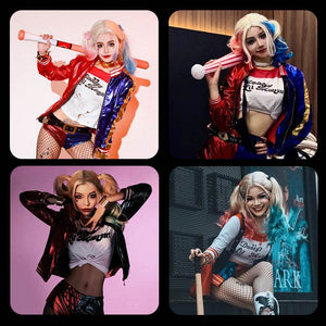 Women's Halloween costume set with a metallic red jacket and color-split shorts
