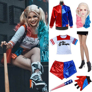 Product photo of the metallic red and blue Harley Quinn costume for adult Halloween