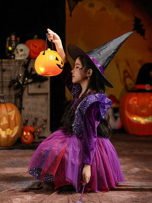 Purple starry girls witch costume dress with tulle skirt
