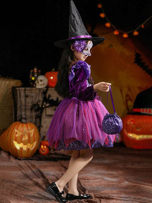 Kids Halloween costume in purple with a starry design