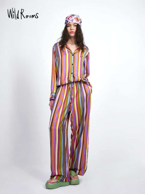 Women's striped pajama set, alternate view of the button shirt and wide leg pants
