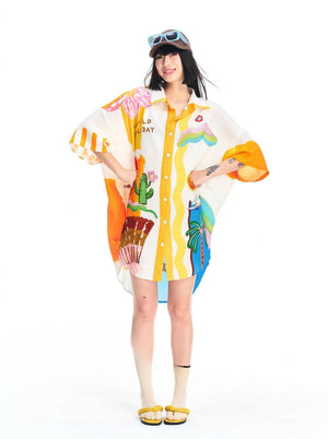 Holiday print sleep shirt for women, an oversized button-up shirt dress