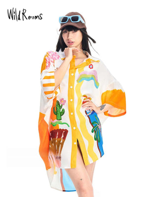 Wildrooms loungewear nightdress, summer women's printed shirt dress, three-quarter sleeves, cool and breathable, 2026 new arrival