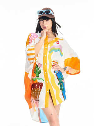 Oversized holiday print sleep shirt dress with a pointed collar