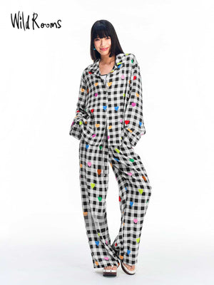 طقم بيجامة WildRooms Plaid Hearts بالكاروهات الأبيض والأسود والقلوب الملونة للراحة والنعومة