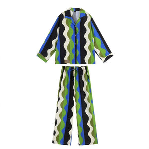 Black wave print pajama set with lapel shirt and drawstring pants