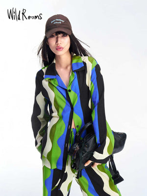Women's pajama set in Black waves, two-piece loungewear