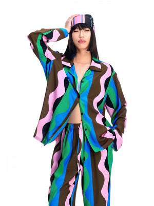 Brown waves two-piece lounge set with button shirt and wide-leg drawstring pants