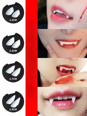 Specifications photo of the vampire fangs set showing the four tooth lengths